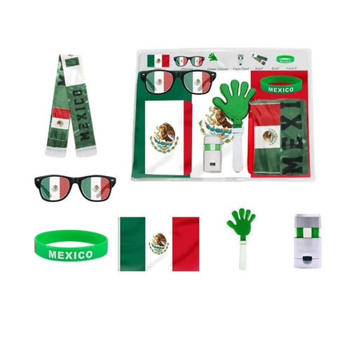 Mexico football fan merchandise set with branded sunglasses, wristbands and cheering gear