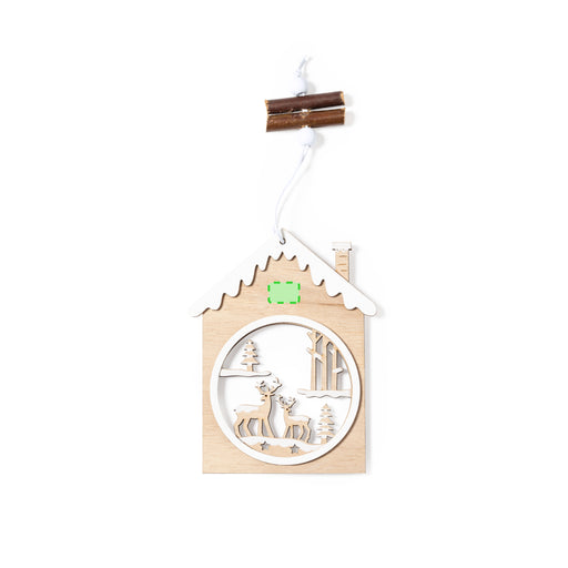 Wooden House Christmas Decoration with the branding print area marked in green