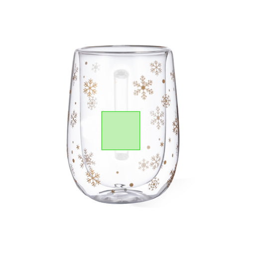Double-Walled Glass Christmas Mug with the branding print area marked in green