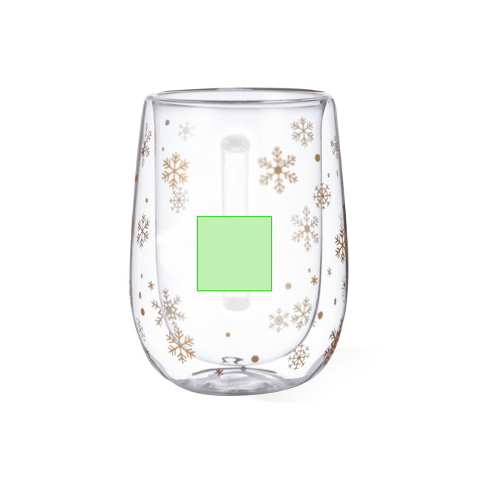 Double-Walled Glass Christmas Mug with the branding print area marked in green