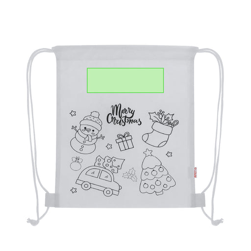 Colouring-In Drawstring Bag with the branding print area marked in green