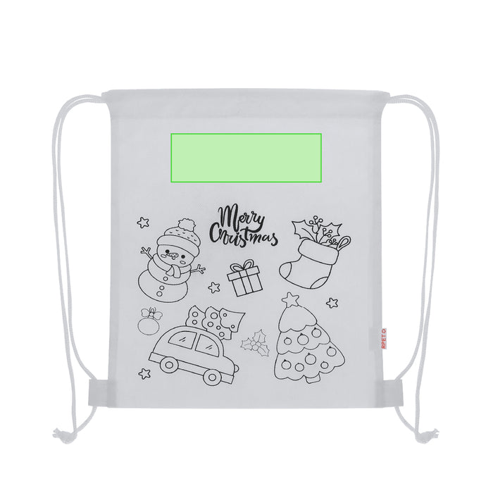 Colouring-In Drawstring Bag with the branding print area marked in green