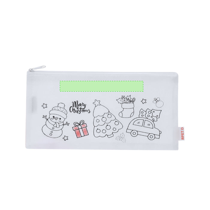 Colouring-In Pencil Case with the branding print area marked in green