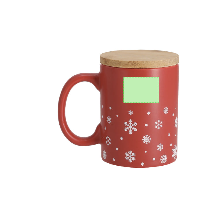 Ceramic Christmas Mug with Bamboo Lid with a third branding print area marked in green