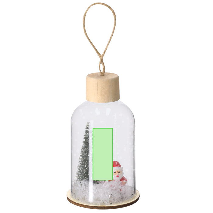 Hanging Bottle Ornament with Santa and Tree Scene with the branding print area marked in green