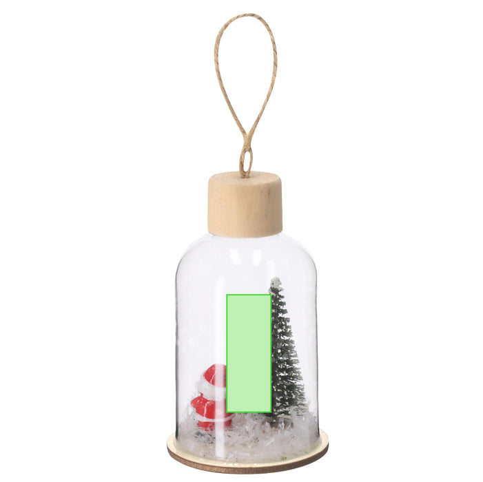 Hanging Bottle Ornament with Santa and Tree Scene with a second branding print area marked in green