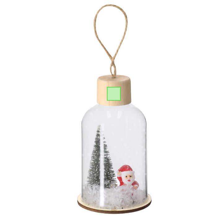 Hanging Bottle Ornament with Santa and Tree Scene with a third branding print area marked in green