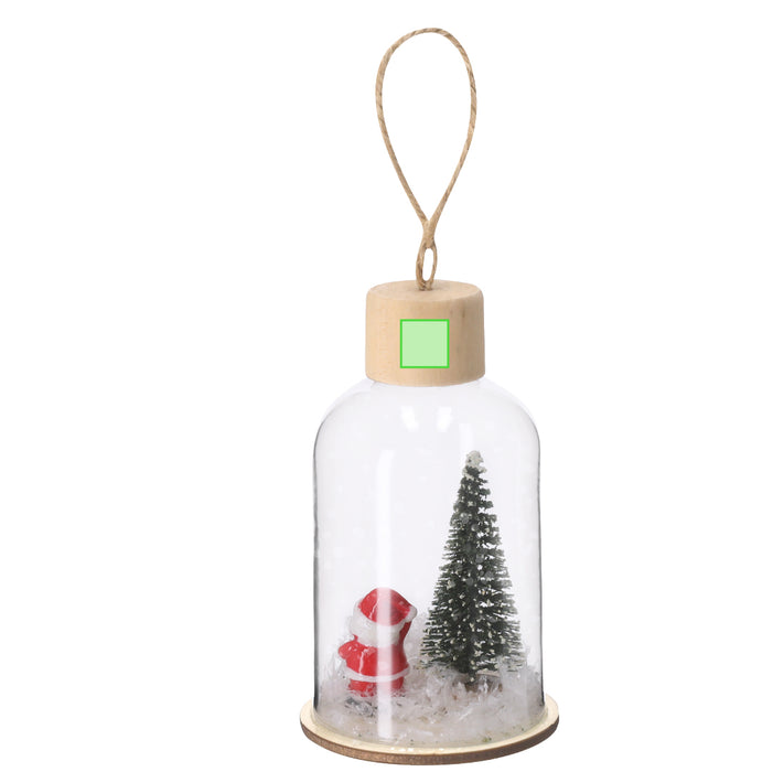 Hanging Bottle Ornament with Santa and Tree Scene with a fourth branding print area marked in green