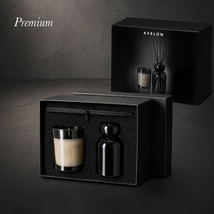 Premium aromatic gift set with glass diffuser and scented candle in a black gift box
