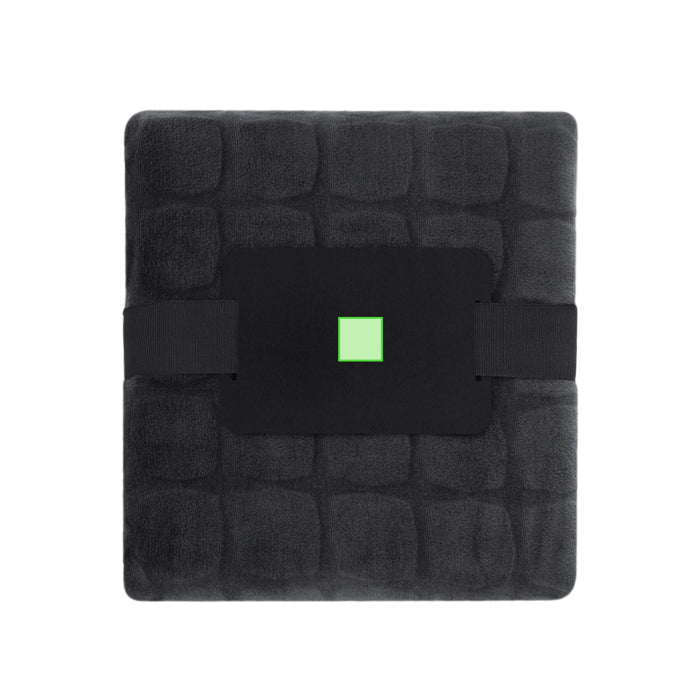 Coral fleece blanket with the branding print area marked in green