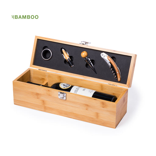 Bamboo wine gift set box open showing corkscrew, stopper, pourer and drip ring