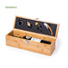 Bamboo wine gift set box open showing corkscrew, stopper, pourer and drip ring