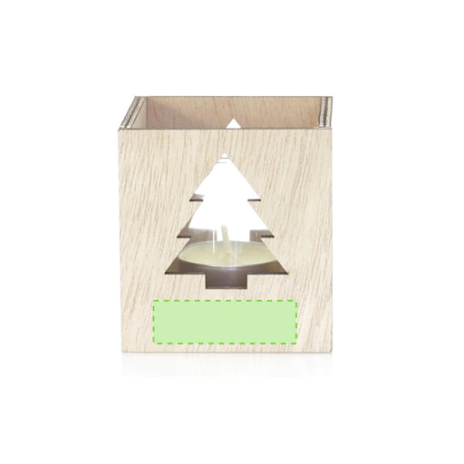 Wooden Tree Cut-Out Candle Holder with the branding print area marked in green