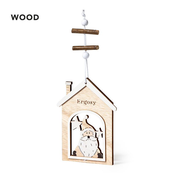 Wooden house-shaped hanging decoration with a cut-out festive scene