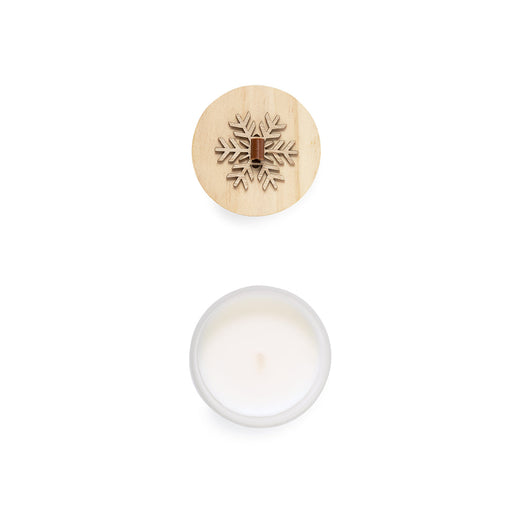 White candle pot with a round wooden lid engraved with a snowflake