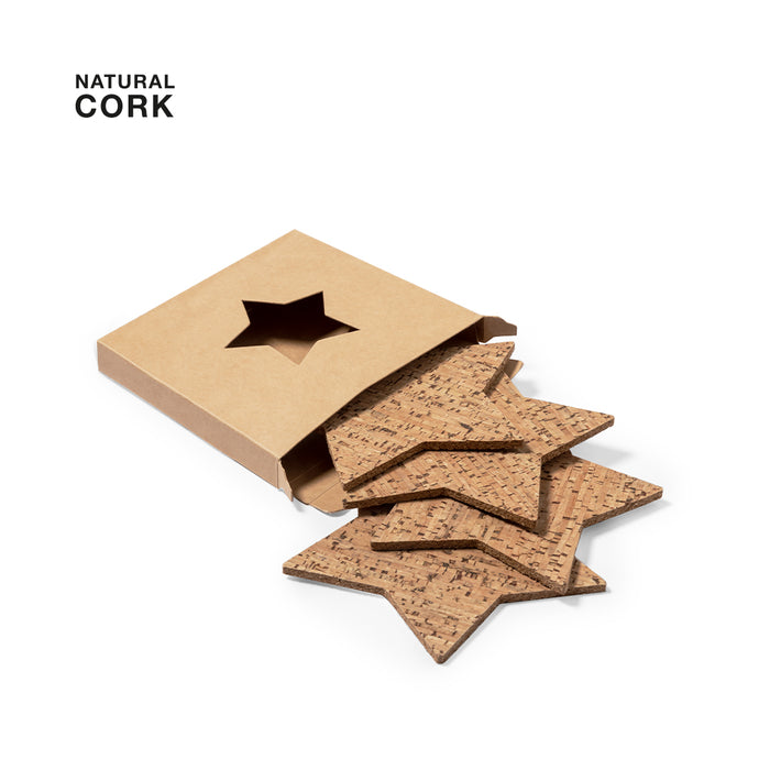 Star-shaped cork coasters partly out of a cardboard gift box with a star window