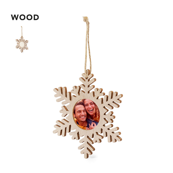 Snowflake-shaped wooden hanging decoration with a photo window