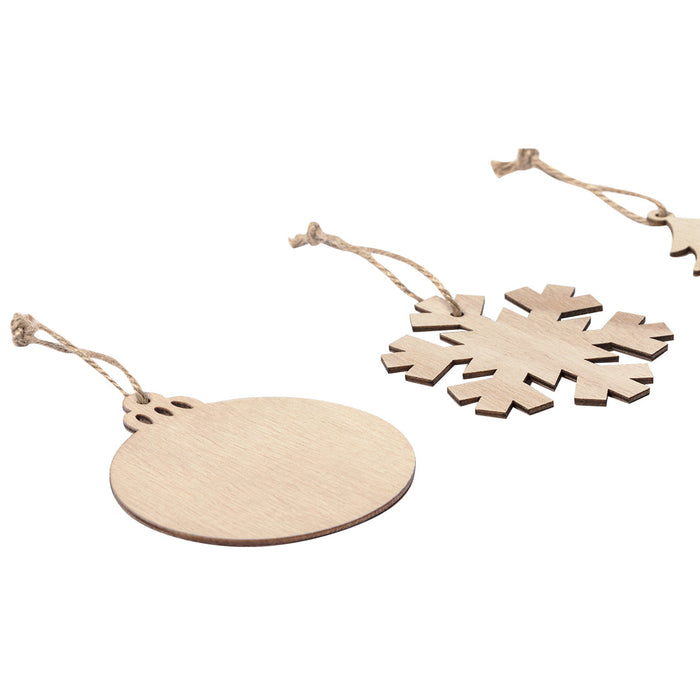 Flat wooden round and snowflake Christmas ornaments on natural twine