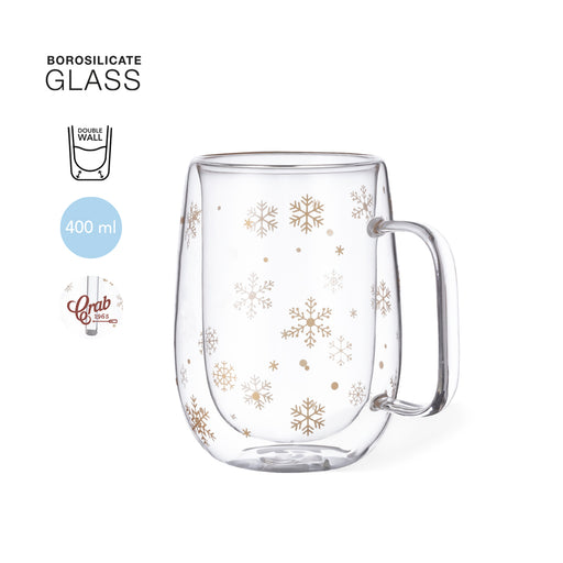 Double-walled glass mug with a snowflake design