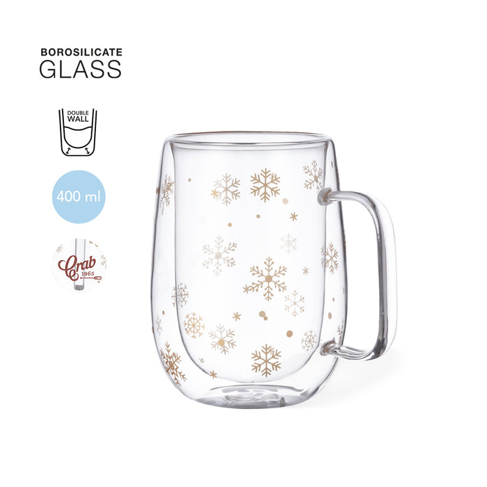 Double-walled glass mug with a snowflake design