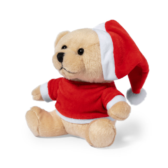 Plush teddy bear wearing a red jumper and Santa hat