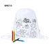 White drawstring bag with a Christmas colouring design and crayons, marked RPET