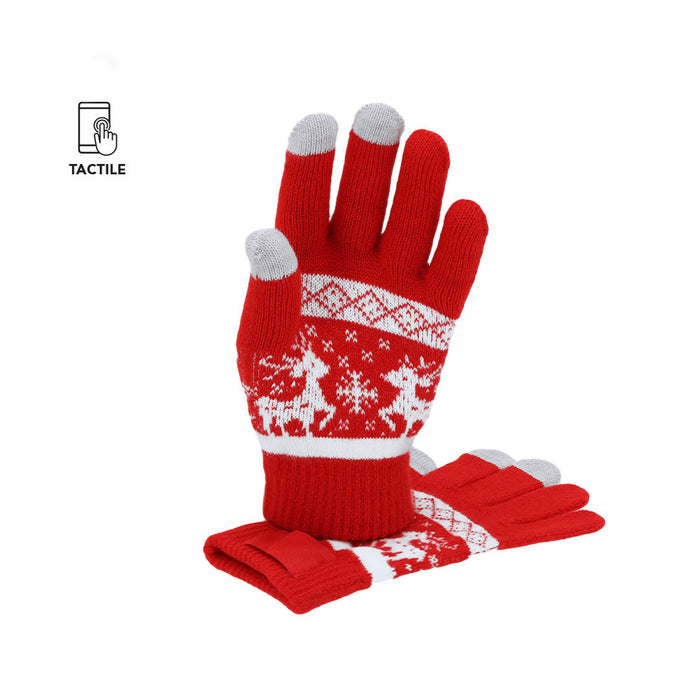 Pair of red and white reindeer-pattern touchscreen gloves