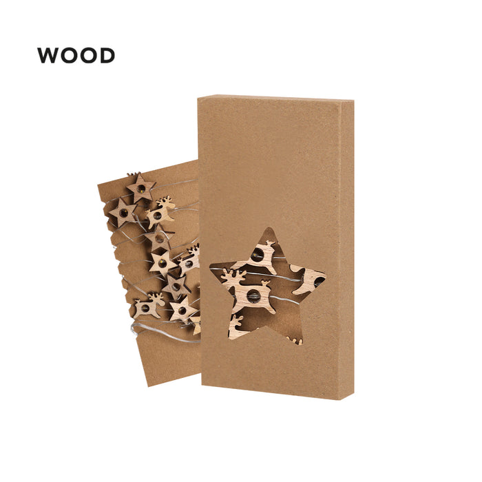 Wooden star LED light garland shown with its kraft gift box