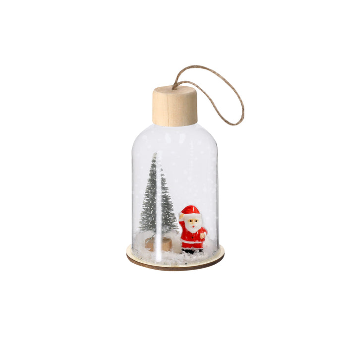 Hanging bottle ornament with a wooden cap, cord, small Christmas tree and Santa figure inside