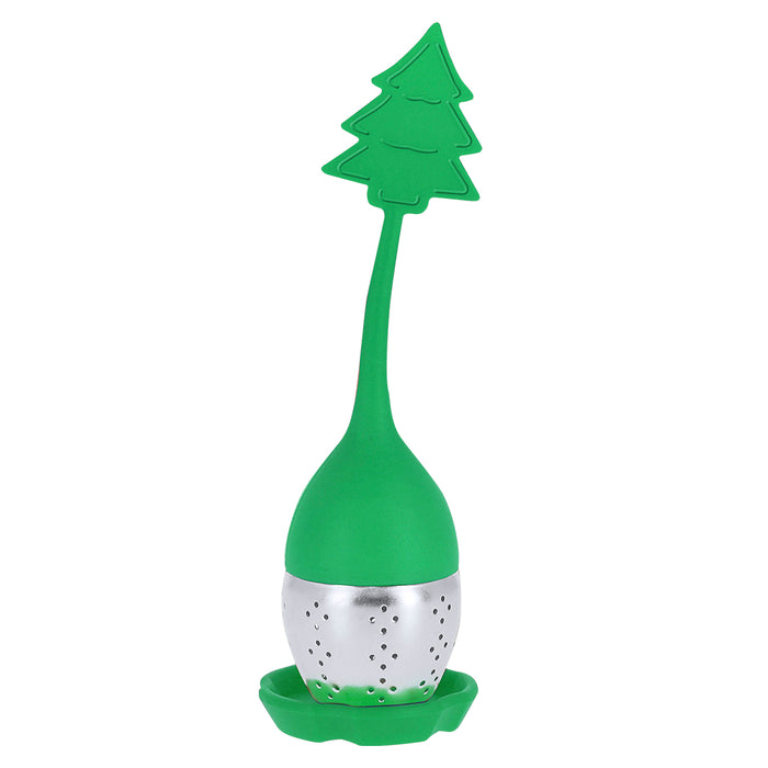 Tea infuser with a green Christmas tree-shaped top and steel strainer