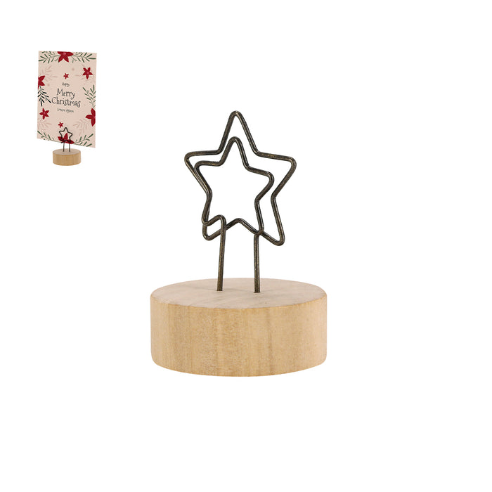Round wooden base with a wire star clip holding a card