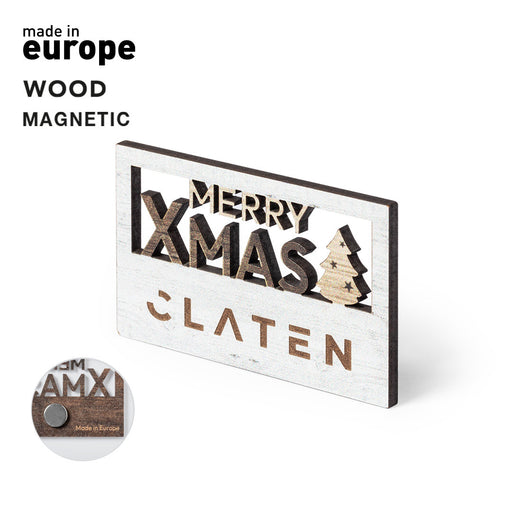 Wooden rectangular fridge magnet with a Merry Xmas cut-out and a tree