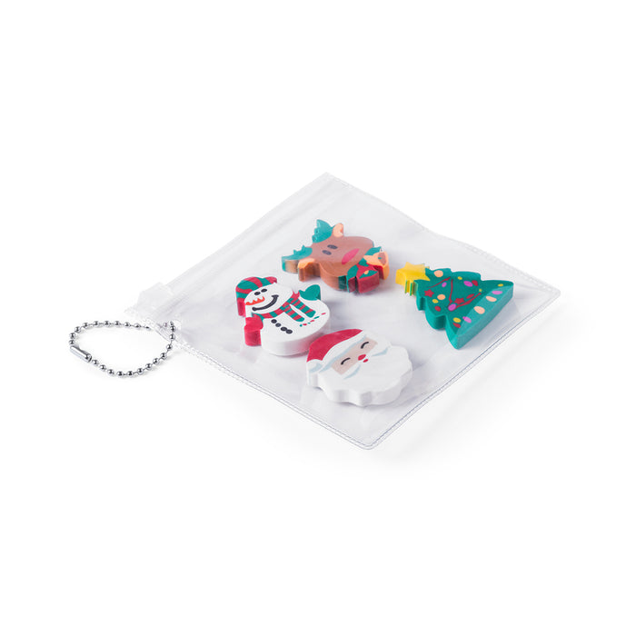 Four Christmas-shaped erasers in a clear bag with a ball chain