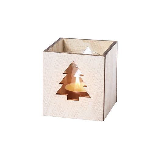 Square wooden tea light holder with a tree cut-out and a lit tea light