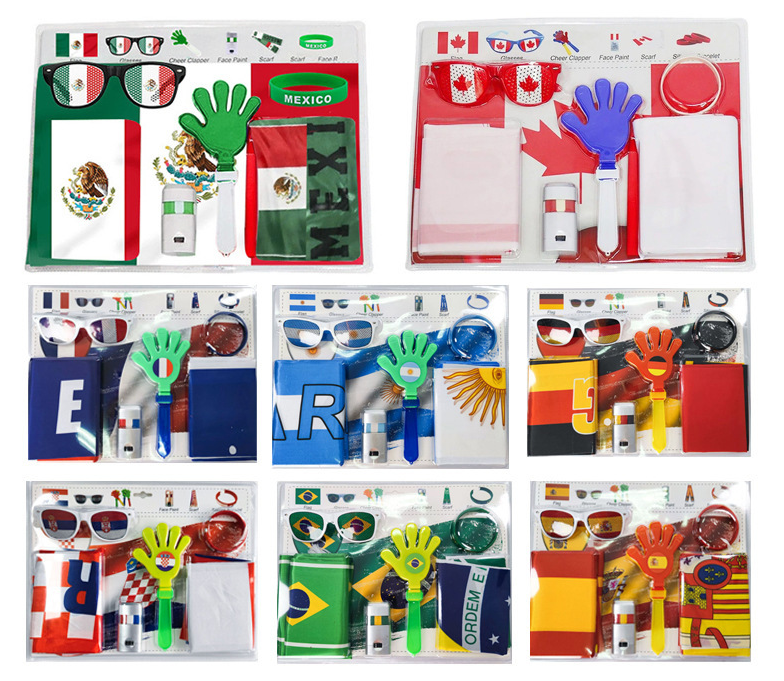 Mixed football World Cup 2026 fan kits for multiple countries, custom branded merchandise sets
