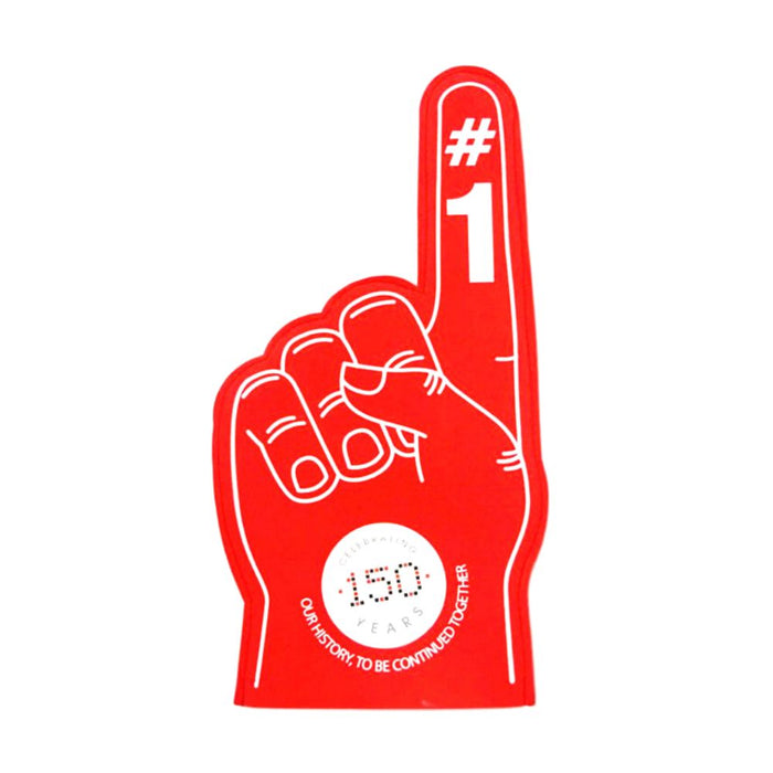 Red #1 EVA foam hand with custom logo print for stadium fan giveaways and event promos.