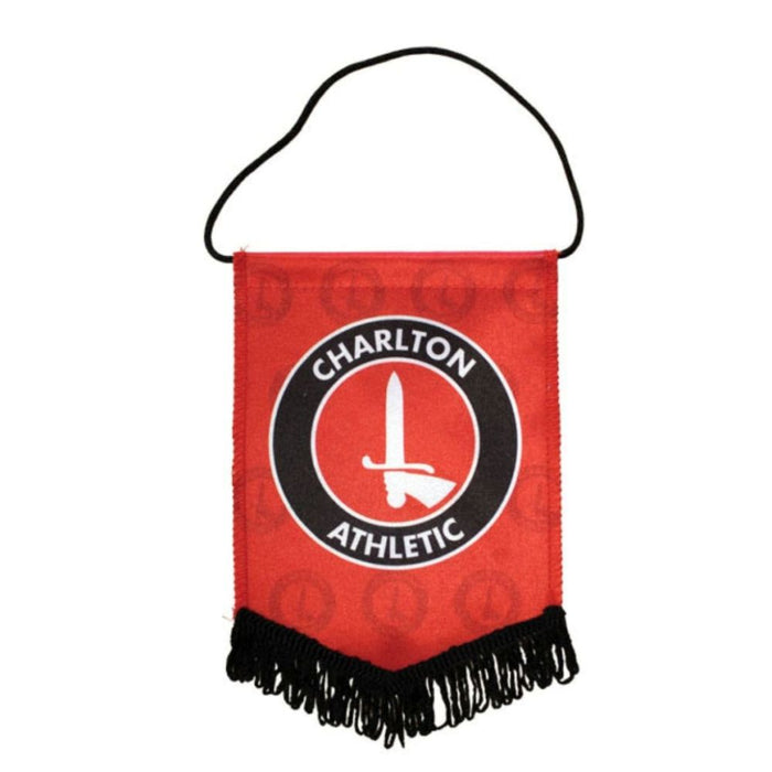 Red rectangular pennant with black fringe and custom football club emblem