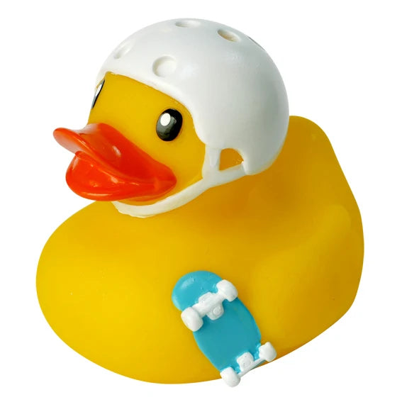 Skateboard rubber duck with white helmet and mini teal skateboard – front view