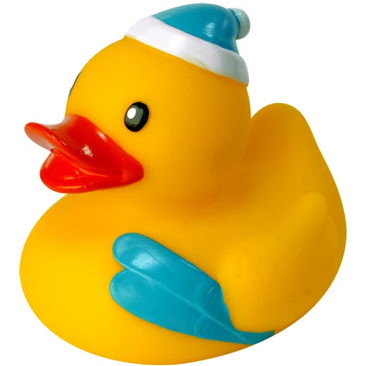 Ski Bobble Hat rubber duck in teal and white bobble hat – front view