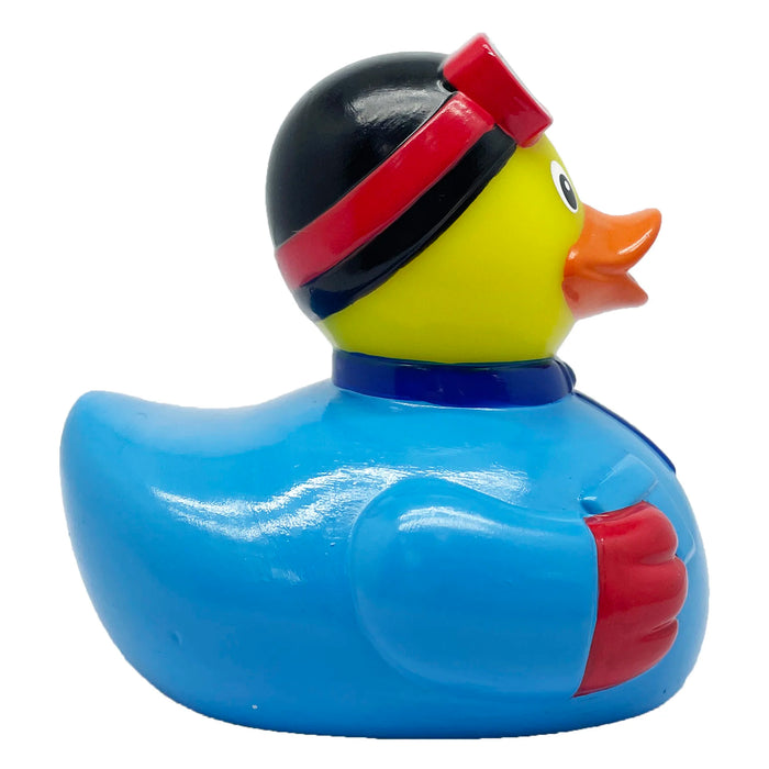 Blue snowsuit rubber duck – back view showing logo position