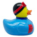 Blue snowsuit rubber duck – back view showing logo position