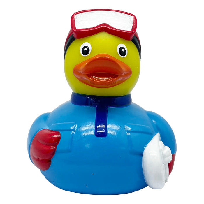 Snowboard rubber duck in blue snowsuit with goggles – front view