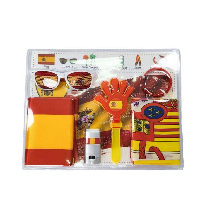 Spain football fan kit with clapper, flags and branded merchandise accessories