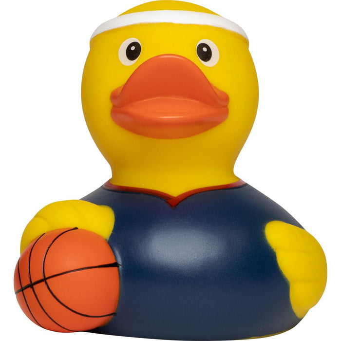 Basketball rubber duck in purple vest with mini basketball – front view