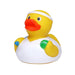 Tennis rubber duck – side angle showing racket and sweatband