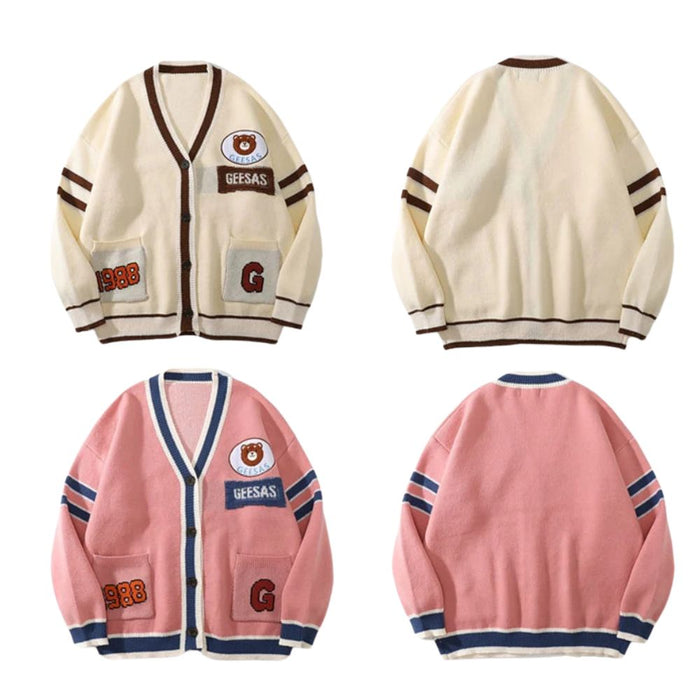 Custom varsity cardigans, beige, pink, with brand logos on a white background.