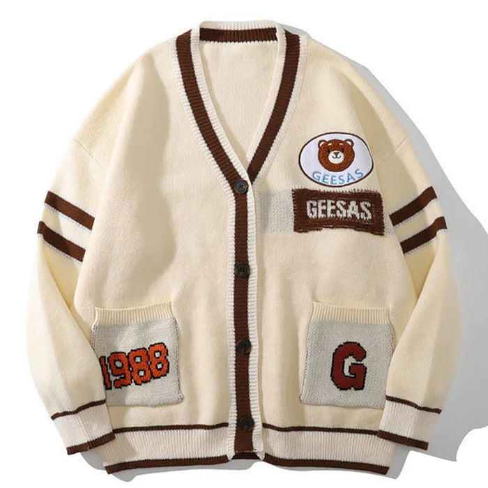 Cream-colored cardigan with brown accents and brand logo on a white background